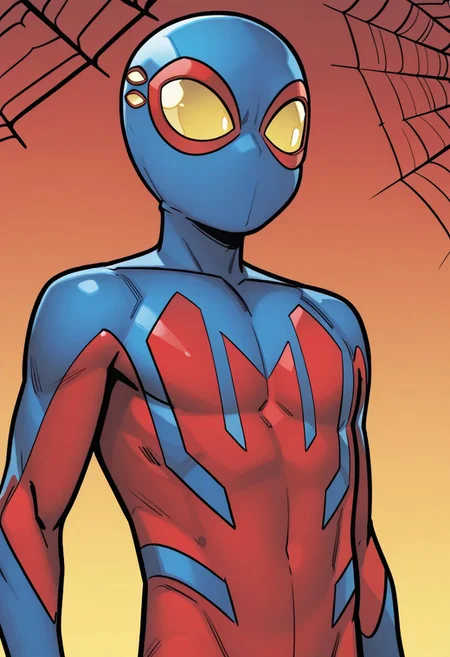 spider_boy,1boy,solo,male focus,yellow eyes,no pupils,blue bodysuit,red bodysuit,superhero,mask,upper body