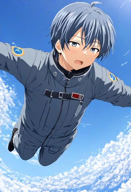 high resolution, solo, best quality, 1Boy, Tomoya Okazaki, Grey Blue Hair, free fall, sky , OverallDetail
