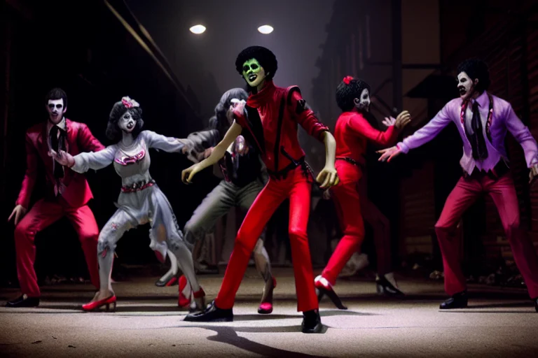 mjthriller group of zombies dancing in a dark alley, intricate detail, detailed face, very sharp, high quality, professional photography <lora:hjmjthriller_v10-000003:0.9>