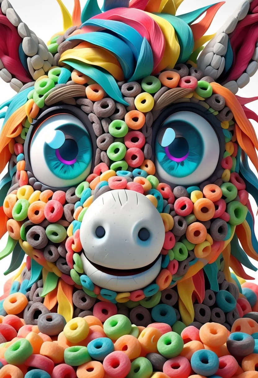 a cute chibby donkey with big rainbow eyes made made of fruit loops, very detailed, 4k, sharp