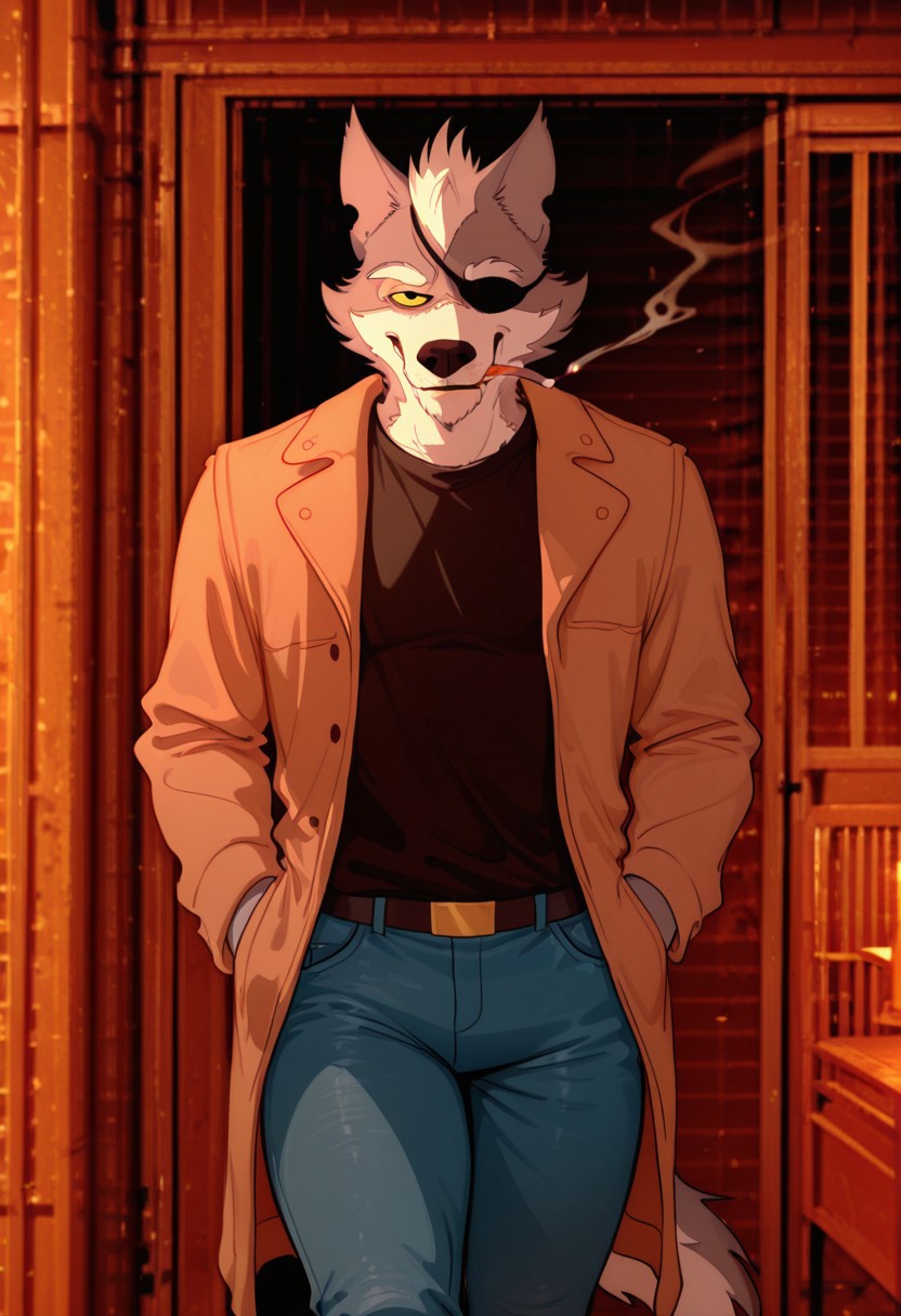 masterpiece, best quality, amazing quality, very aesthetic, absurdres, newest,  high quality, detailed, male, solo male, WolfgangSeamus, broad shoulders, mature male, black eyes, yellow sclera, athletic build, animal ears, wolf, scruffy, anthro male, gray fur, eyepatch on left eye, outdoors, grinning, smoking cigarette, looking at viewer, dim lighting, evening, orange (theme), black shirt, brown jacket, blue jeans, thick thighs, volumetric lighting, outdoor restaurant