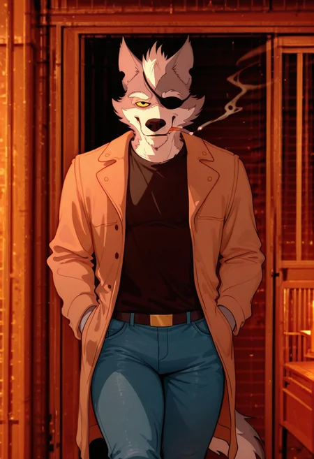masterpiece, best quality, amazing quality, very aesthetic, absurdres, newest,  high quality, detailed, male, solo male, WolfgangSeamus, broad shoulders, mature male, black eyes, yellow sclera, athletic build, animal ears, wolf, scruffy, anthro male, gray fur, eyepatch on left eye, outdoors, grinning, smoking cigarette, looking at viewer, dim lighting, evening, orange (theme), black shirt, brown jacket, blue jeans, thick thighs, volumetric lighting, outdoor restaurant