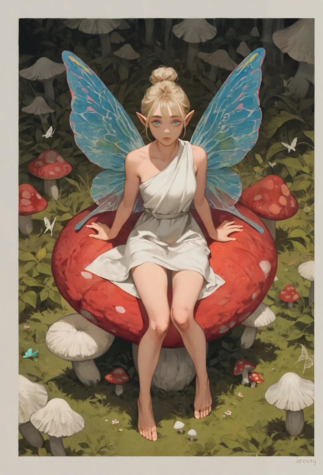 best quality, masterpiece, newest, absurd res, hi res, very awa, fairy, honovy, (mucknagabe:0.7), (blotch:0.7), female, slim, blonde hair, butterfly wings, solo, toga, looking at viewer, innocent, sitting on red mushroom, ethereal, iridescent, postcard, (lineart:0.6), high-angle view, watercolor, illustration, vintage, (art nouveau:0.2),