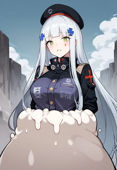 NSFW, looking down, masterpiece, best quality, amazing quality, very aesthetic, score_9,score_8_up, score_7_up, score_6_up, BREAK, official art, solo, outdoors, upper body, (portrait:1.5), looking at viewer, facing viewer, blush, hk416 (girls' frontline), hat,beret, black headwear, very long hair, white hair, x hair ornament, sidelocks, blunt bangs, green eyes, facial mark, teardrop, military jacket, purple jacket, clothes writing, uniform, white gloves, long sleeves, black sleeve, german flag, large breasts, skindentation, <lora:HK416(gf)-Pony:1.3>, (score_9, score_8_up, score_7_up, score_6_up, score_5_up, score_4_up), source_anime,<lora:vore_lower_body-2:1>, slime creature, restrained, being eaten, vore, Like like, monster, <lora:Like like illus:1>, arms out, arms behind head,