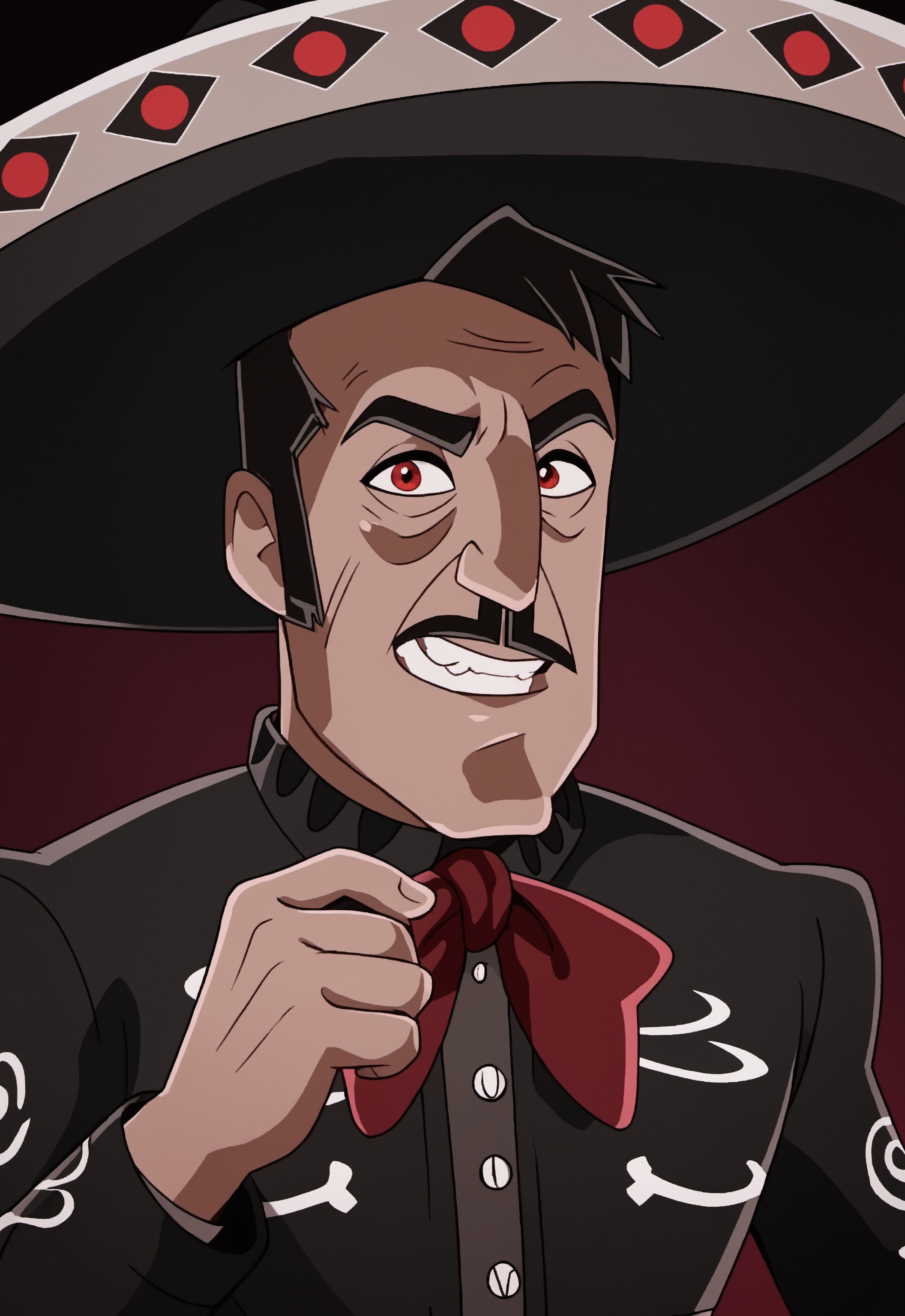 safe_pos, safe_pos, score_9, score_8_up, rating_nsfw, ultra hd, absurdres, best quality, best aesthetic, masculine, hand with five fingers, solo, 1boy, male focus, perfect proportions, erotic, mature male, WolfConF,

LLCharroNegro, hat, black hair, red eyes, mustache, black outfit, looking at viewer, grinning, teeth
