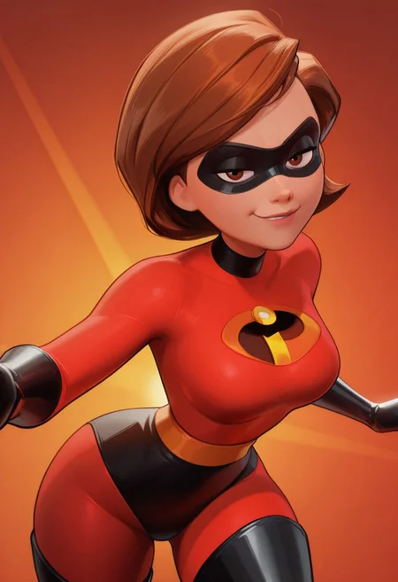 [#👩;🦸‍♀️]side_light,4k,(masterpiece:1.4),(best quality:1.4),(high resolution:1.4),Ultra HD, HDR,(hyperdetailed),smooth lighting,source_anime,very aesthetic,intricate details,intense,highres,vibrant colors,detailed_shadows,detailed_reflections,high-quality textures,depth of field,good shading,studio quality,epic lighting,digital illustration,path_tracing,rtx_on_styled_lighting_and_reflections,<lora:add-detail-xl:1>,looking at viewer,unblurred,perfect composition,intricate details,incredibly absurdres,dynamic angle 
[ONLY1girl,symmetry,show accurate proportions,milf,late thirties,helenp,helen parr,elastigirl,"Mrs. Incredible",\(Disney©\),"slim figure,curvy","auburn hair,medium bob cut,wavy hair,short hair",Elastic body,fair skin,rosy cheeks,"juicy lips,parted lips,pink lips,👄",detailed breasts,narrow waist,emotions,soul,lifeful,alive,smirk,"detailed mask,black domino mask",medium round breasts,"glossy red leotard,red bodysuit,latex bodysuit","perfectly detailed orange,black and yellow "I" insignia on the chest",incredibles logo",orange belt,wide hips,"long gloves,black elbow gloves,perfect hands,perfect detailed fingers","black highleg shorts,black bottoms","thigh-high boots,black thigh boots","half-closed eyes,detailed eyes,seductive eyes,perfect eyes,brown eyes",action pose,"arms outstretched,elastic arms,long arms",fighting stance,leaning forward,dynamic pose,reaching towards viewer,cowboy shot,multicolored background,dutch angle,MarvelRivals,screenshot]