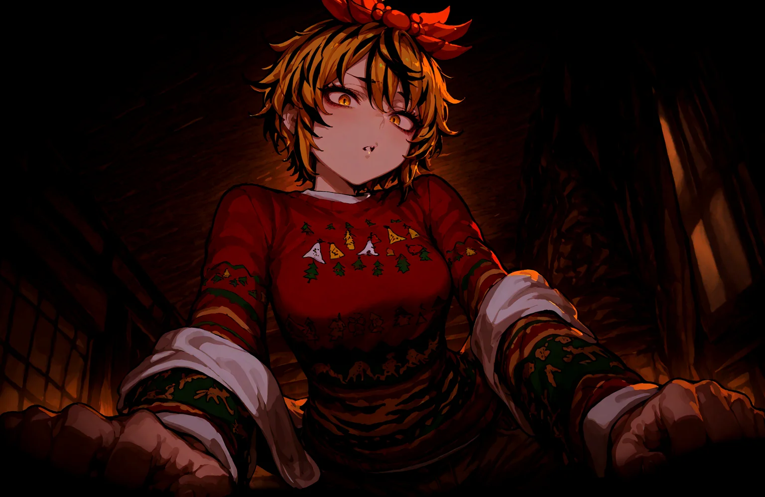 1 girl, toramaru_shou, 1girl ,animal_print,black_hair ,blonde_hair, breasts , hagoromo, hair_ornament, , long_sleeves, looking_at_viewer ,medium_breasts, multicolored_hair, pants, shawl, shirt ,short_hair ,solo , streaked_hair, tiger_print, two-tone_hair ,yellow_eyes,
christmas_sweater, dark, night, indoors,
,Fishine, munakata_(sekimizu_kazuki),dekosukentr,kizuki_aruchu ï¼ireadingï¼kubo_tite_(style) ,
ï¼masterpiece, best quality, newest, absurdres, highres,
<lora:illustrious_noobai_epsilon_pred_1_best_quality_v1:0.4> ,<lora:illustrious_noobai_epsilon_pred_1_masterpieces_v1:0.4>, <lora:illustrious_noobai_epsilon_pred_11_very_aesthetic_v1:0.4>, <lora:ponyv5_noobV065S_1_adamW:0.6>, <lora:add-detail-xl:0.4>, <lora:GEN(illust) 0.2v:0.6>, <lora:USNR STYLE_XL_loha:0.6>, <lora:cfg_scale_boost:0.4>, <lora:christmas_sweater:0.8>