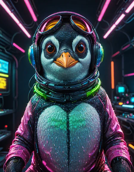 (ombre color scheme of neon pink, neon blue, neon green, neon yellow, neon yellow-red) (in the style of Zdzislaw Beksinski:1.2) (cute:1.25) (anime penguin:1.75) wearing a space helmet sitting at command chair with the lights of the consoles behind, in the style of sci - fi environments, glo - fi, aesthetic, comic, beeple, space background <lora:another-bored-particle:0.55> <lora:add-detail-XL:0.65>, subsurface scattering, ultra hd, 4k, high def, Photorealistic, Hyperrealistic, Hyper detailed, analog style, realistic, masterpiece, best quality, ultra realistic, 8k, Intricate, High Detail, film photography, soft lighting, heavy shadow