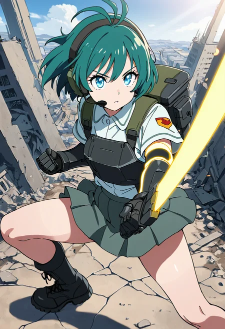 masterpiece, best quality, 1girl, solo, eyelashes, (beautiful eyes), dynamic pose, foreshortening,  [Mecha School Rebel], modified school uniform, armored vest, glowing elbow guards, pleated skirt, combat boots, headset with antenna, mechanical backpack, urban battlefield, cracked pavement, defiant pose,