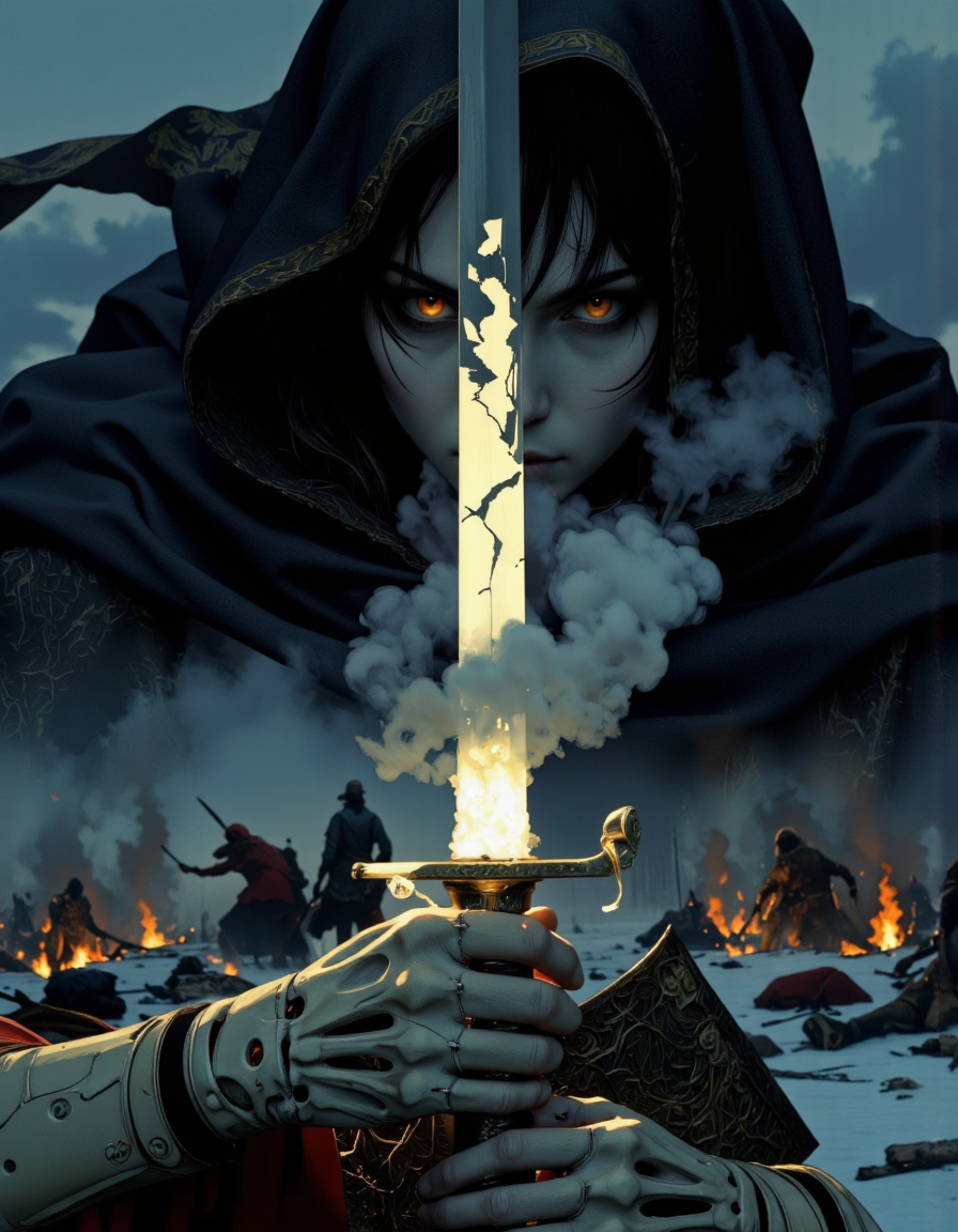 Anime art. 
This is a hyper-realistic cinematic photogrpah featuring a ghostly swordswoman, her face partially illuminated by the blade of her cracked sword, The camera focuses tightly on her eyes burning with a fierce ghostly light as she prepares to strike, Her breath fogs in the cold air, the faint glow of her skeletal hand grips the sword hilt with fractured armor trailing mist, The blurred battlefield behind her hints at fallen enemies and rising spirits, high contrast, dramatic close-up, motion blur, eerie glow.