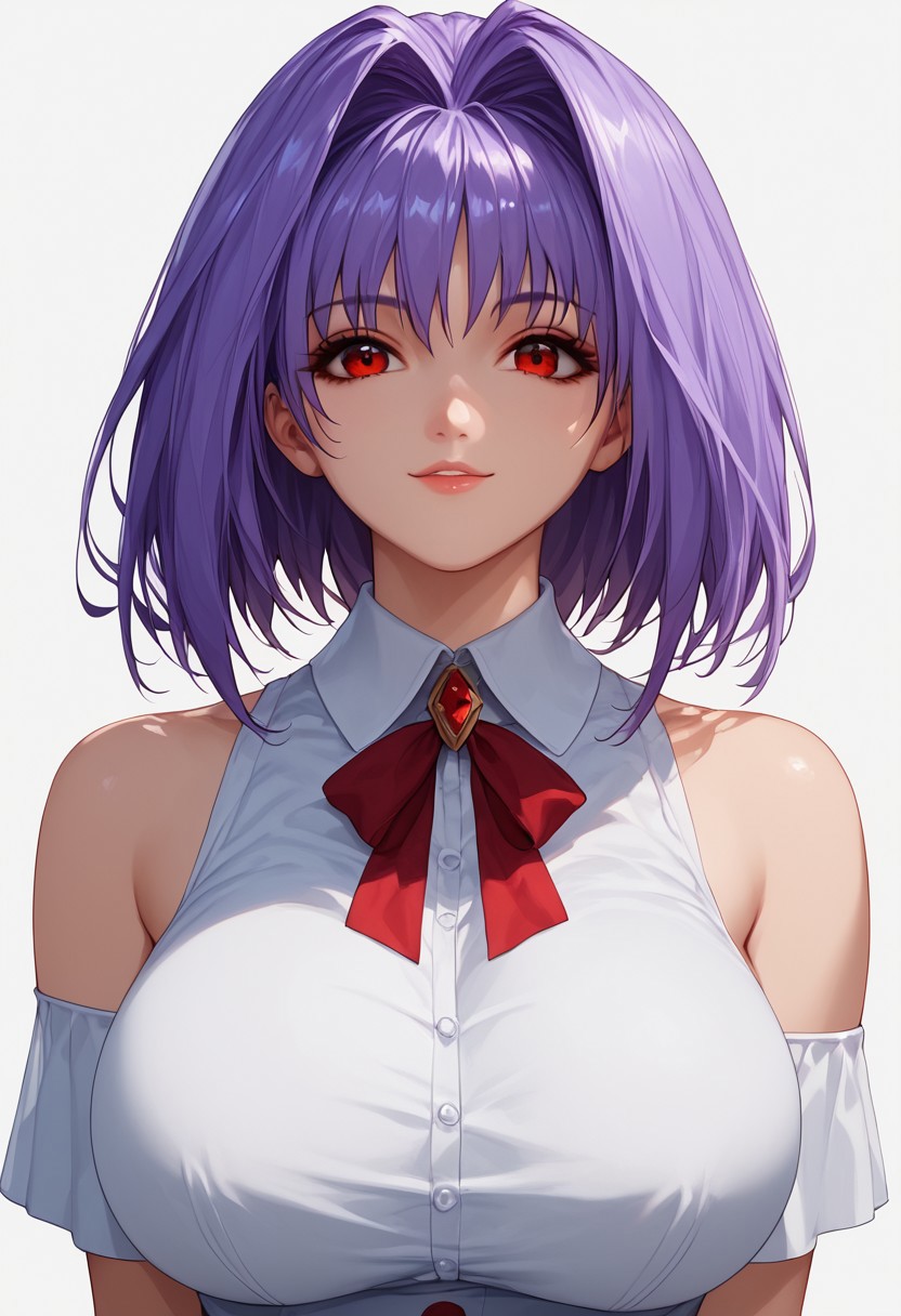 score_9, score_8_up, score_7_up, score_6_up, 1girl, solo, looking at viewer, light smile, huge breasts, large breasts, Expressiveh, RuriSarasapv1, red eyes, short hair, purple hair, hair intakes, dress