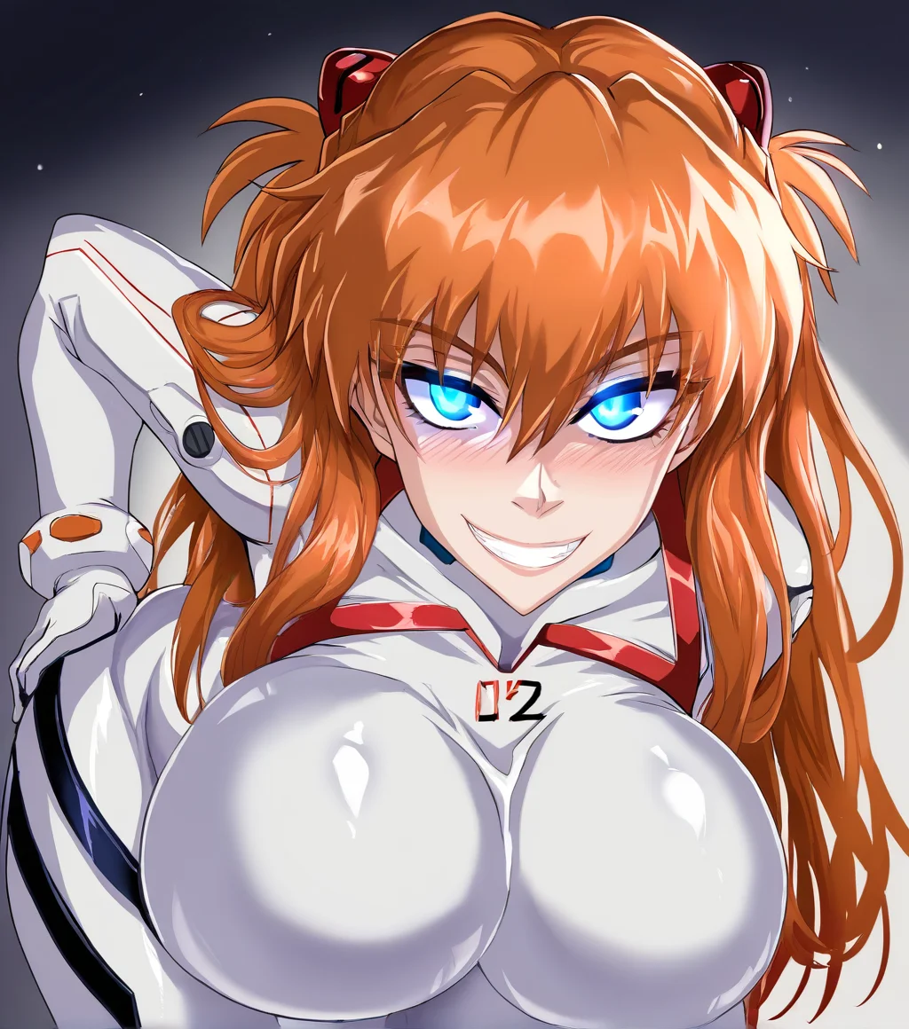 score_9, score_8_up. score_7_up, uncensored, <lora:puripuri:1>, puripuri_jet, puripuri, score_9, puripuri, 1girl, huge breasts, souryuu asuka langley, plugsuit, blue eyes, interface headset, smile, long hair, white bodysuit, alternate breast size, looking at viewer, grin, hand on own hip, pilot suit, science fiction, glowing eye, orange hair, heterochromia, blush, teeth, leaning forward