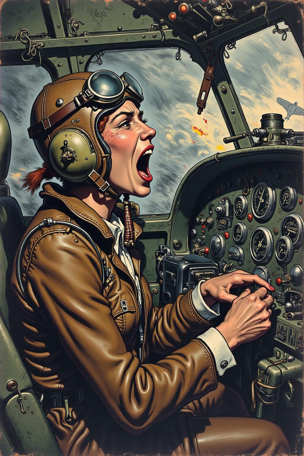 gusdore1illustration.
a female pilot screaming inside the cockpit of a WWII bomber. The pilot, wearing a vintage leather flight helmet with goggles and a brown bomber jacket, grips the controls with white-knuckled hands. Her face is contorted in a mix of fear and determination as she yells, her eyes wide with adrenaline. The cockpit is cramped and filled with old-fashioned dials and gauges, with the outside view showing dark stormy clouds and distant anti-aircraft fire. The scene is lit by the eerie glow of the instrument panel, casting harsh shadows across her face, emphasizing the intensity and danger of the moment. High contrast, dynamic composition, gritty and realistic, with a cinematic feel.   <lora:gusdore1_flor2_d4a2:1.0><lora:799565714995394657:0>