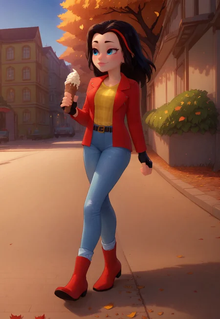 score_9, score_8_up, score_7_up, source_anime, Expressiveh, solo, looking away, blush, vicky_legofriends, black hair, streaked hair, jeans, fingerless gloves, red jacket, yellow shirt, boots, belt, smile, closeup, cinematic, falling leaves, dusk, park, holding an Ice cream, dynamic angle, walking,