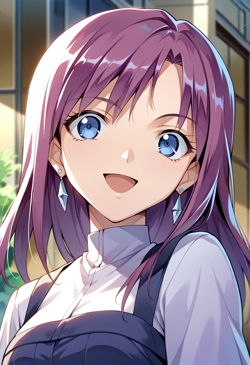 score_9, score_8_up, score_7_up, source_anime, JENNY (BAKUGAN), 1girl, solo, long hair, smile, open mouth, blue eyes, jewelry, purple hair, earrings, senjougahara hitagi