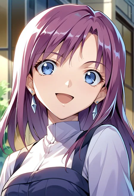 score_9, score_8_up, score_7_up, source_anime, JENNY (BAKUGAN), 1girl, solo, long hair, smile, open mouth, blue eyes, jewelry, purple hair, earrings, senjougahara hitagi