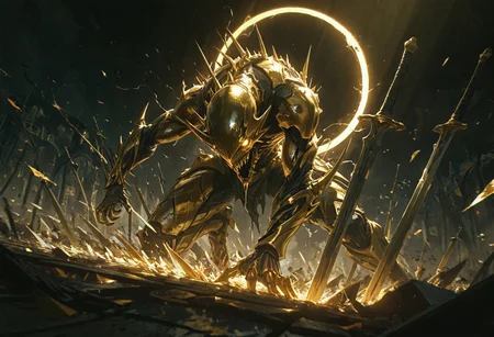 destroyed battlefield background, dynamic angle, dynamic pose, great composition, an epic eclipse, Black and gold, gold, masterpiece, best quality, volumetric lighting, dark background, 1man,mesmerizing yet terrifying embodiment of destruction, composed entirely of thousands of sharp, gleaming blades. Its form is humanoid but disturbingly fragmented, with every inch of its body made up of swords, daggers, and shards of metal that shift and rearrange with every movement. The blades glisten, catching the light in dazzling, almost hypnotic patterns, while their jagged edges promise devastation to anything—or anyone—that comes too close.
The character’s face is an unsettling mask of angular shards, with hollow, glowing eyes that radiate menace. Each step it takes produces a cacophony of metallic scraping and clinking, as though an army of swords is marching at once. Its limbs move with fluid precision, the blades adjusting seamlessly to create claws, spears, or shields depending on its intent. This being is both a weapon and a warrior, a relentless storm of cutting steel that embodies chaos and carnage, leaving nothing but destruction in its wake.