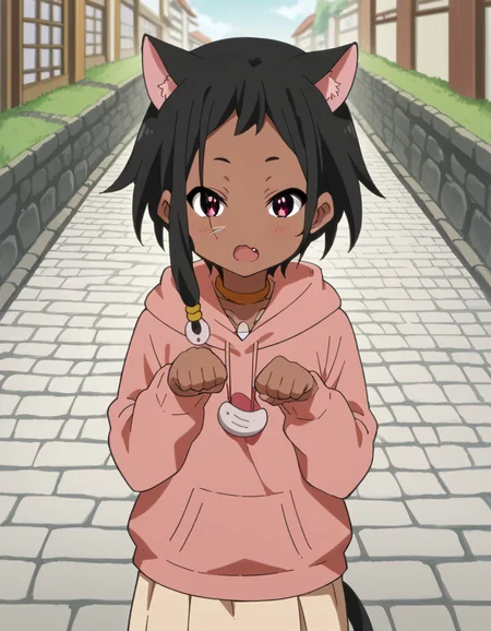 score_9, score_8_up, score_7_up, source_anime, <lora:choi-mochimazzi-s1-ponyxl-lora-nochekaiser:1>, choi mochimazzi, short hair, black hair, dark skin, dark-skinned female, pink eyes, sidelocks, jewelry, hoodie, pink hoodie, skirt,, stone walkway, historic, path, cobblestone, footpath, , <lora:paw-pose-ponyxl-lora-nochekaiser:1>, paw pose, cat ears, cat tail, animal ears, tail, cat girl, open mouth, fang, whiskers,, looking at viewer, solo,, dutch angle, cowboy shot