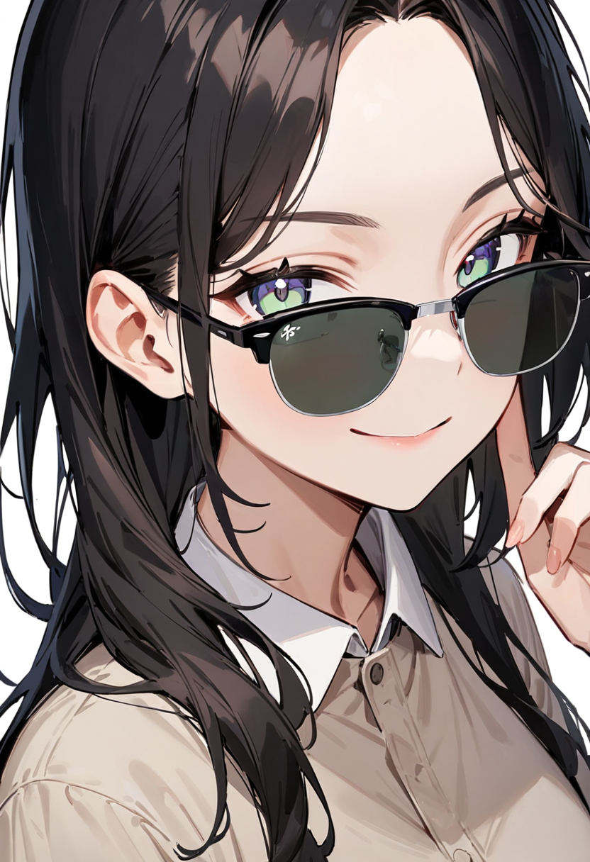 masterpiece, best quality, very aesthetic, absurdres,
1girl, solo, black hair, long hair,
sirmont, sunglasses, darkgreen-tinted eyewear, black-framed eyewear, grey-framed eyewear, two-tone eyewear,
collared shirt, smile, looking at viewer, adjusting eyewear, white background, simple background,
 <lora:sunglasses_CLUBMASTER_SDXL_V1:1>