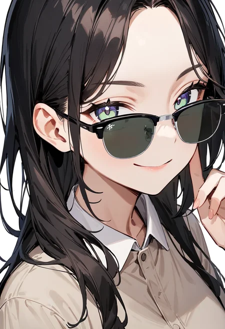 masterpiece, best quality, very aesthetic, absurdres,
1girl, solo, black hair, long hair,
sirmont, sunglasses, darkgreen-tinted eyewear, black-framed eyewear, grey-framed eyewear, two-tone eyewear,
collared shirt, smile, looking at viewer, adjusting eyewear, white background, simple background,
<lora:sunglasses_CLUBMASTER_SDXL_V1:1>