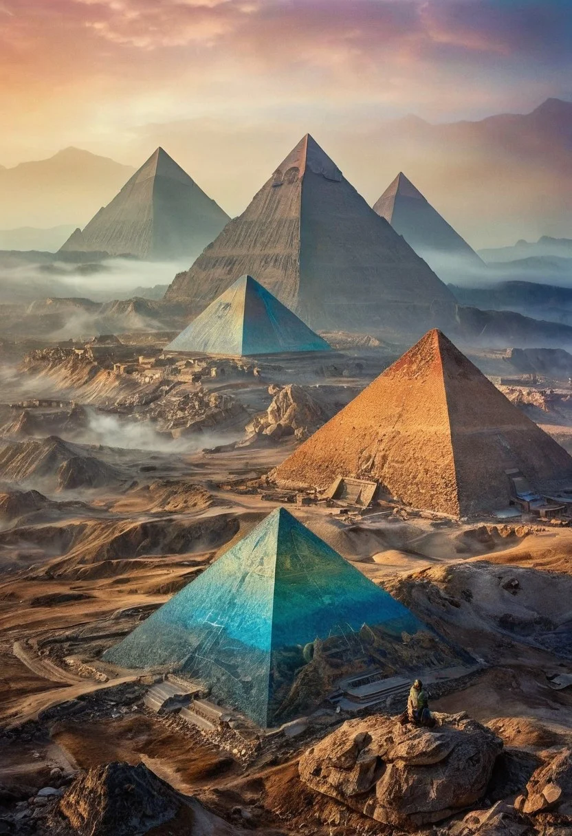 their peaks veiled in mist. mixed media, surrealism, great lighting, A surreal landscape highly detailed . extremely high-resolution details, appears trapped in an optical illusion of reflections and refractions colorful , great pyramids build on ountains, professional photography, natural lighting, volumetric lighting maximalist. intricately detailed, complex, elegant, expansive, fantastical, film photography style, medium grain