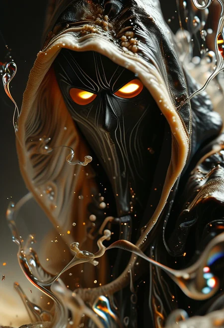 highly detailed, intricate design, darkroom, artist studio, figure in black hooded robe, ((moire pattern), white shroud mask), low angle, medium shot, fluted glass, glass blowing, molted glass, lava texture, sand particles, multiple exposure, chiaroscuro lighting, dynamic angle, ,chemigram, flux-style, light and shadow by reij-shdwgms