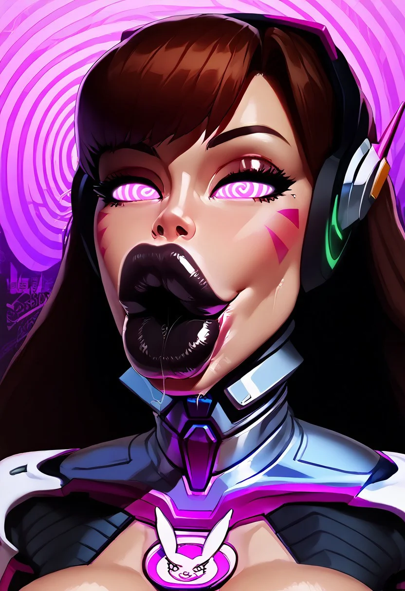 score_9, score_8_up, score_8, anime style, source_anime, breasts focus, face focus, lips focus, front view, huge breasts, enormous breasts, vacuum lips, heart choker, sweaty, half-closed eyes, black lipstick, glossy lips, glowing eyes, jewelry, collar, plump lips, makeup, large lips, moan, (large lips:1.5, huge lips:1.5, full lips, thick lips, big lips), drooling, pov, jmgn, saliva drip, saliva strings, excessive saliva, ((spiral_background, pink spiral)), hypnosis, spiral eyes, swirly eyes, sultry smile, seductive, bimbo, looking at viewer, 
D.Va from Overwatch, 1girl, long hair, brown hair, pink eyes, high collar, headphones, whisker markings, facepaint,