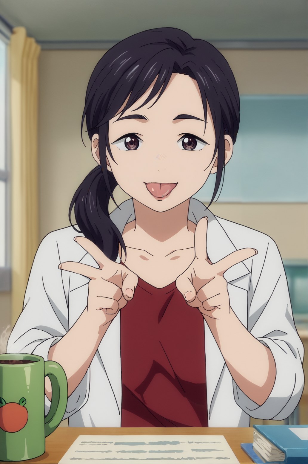 score_9, score_8_up, score_7_up,anime_source, source_anime, best background, detailed background, anime screencap,  Kurashiki, victory fingers, tongue out, :p, happy, lab coat, mug, red shirt, shirt, solo, upper body, indoors, doggystyle, <lora:Jn_Usako_Kurashiki:0.8>