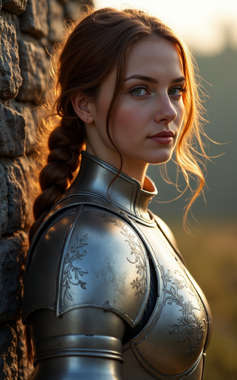 A photorealistic candid portrait of a poised woman in full steel armor, standing beside a stone rampart at dawn. Her armor is elegant and seamless, with subtle floral etching on the gorget and pauldrons. No helmet — her tied-back chestnut hair moves slightly in the breeze. Her gaze is calm, distant. Early morning sun glints softly off polished steel, giving her a sacred aura.



fmlas-mk.1