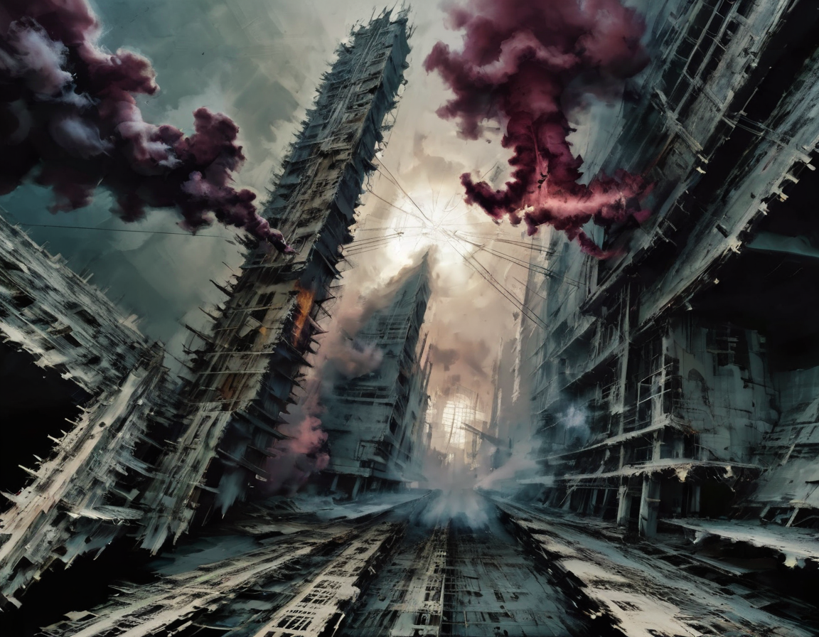<lora:dand:0.6>dand, structures, smoke