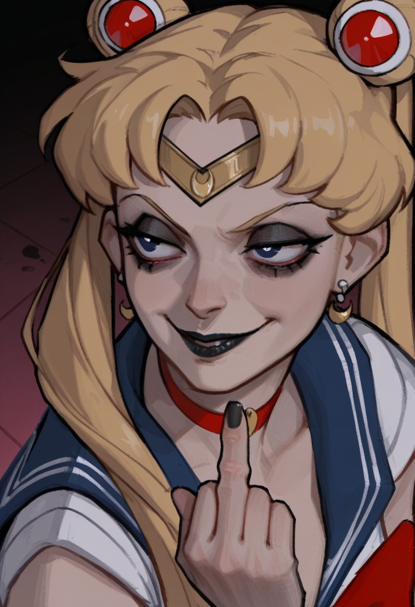 3m1l3style,   masterpiece, best quality, solo,                                                                                                                                                                                               sailor moon, blonde hair, mascara, smug, middle finger, goth, black lipstick,