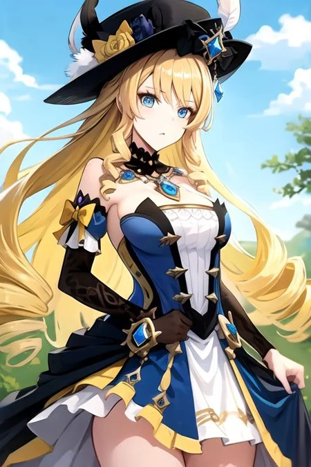 navia, blonde hair, aqua eyes, drill sidelocks, drill hair, very long hair, medium breasts, strapless dress, hat, hat feather, gem, jewelry, cleavage, blue gemstone, bare shoulders, white skirt