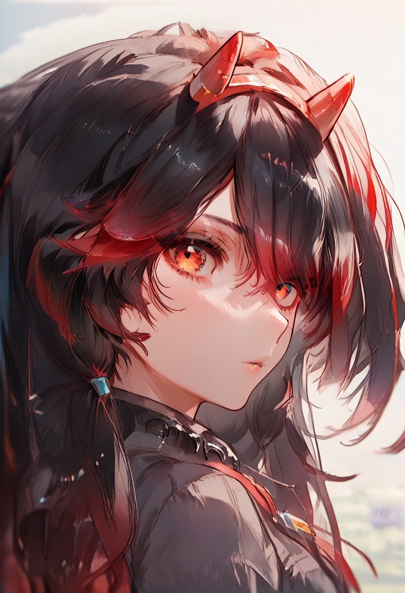 zPDXL2, score_9_up, score_8_up, score_7_up, (Anime_source), high detail face, best quality, absurd res, 1girl, Lotus, red eyes, multicolored hair, black hair, red hair, long hair, Lotus clothes, horn, upper body, looking at viewer, from side