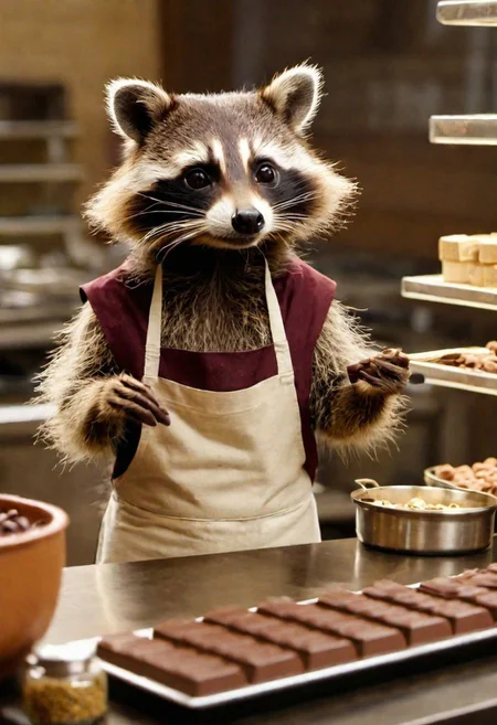 film still of an anthropomorphic raccoon working as a chocolatier, 4k