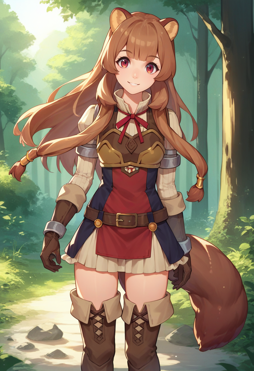 score_9, score_8_up, score_7_up, source_anime, solo, 1girl, raphtaliadef, smile, looking at viewer, standing, animal ears, armor, short dress, neck ribbon, red ribbon, long sleeves, brown gloves, thighhighs, thigh boots, brown belt, raccoon tail, outdoors, forest <lora:shieldhero_raphtalia_ponyXL:1>