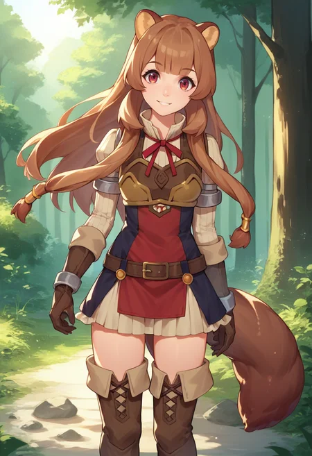 score_9, score_8_up, score_7_up, source_anime, solo, 1girl, raphtaliadef, smile, looking at viewer, standing, animal ears, armor, short dress, neck ribbon, red ribbon, long sleeves, brown gloves, thighhighs, thigh boots, brown belt, raccoon tail, outdoors, forest <lora:shieldhero_raphtalia_ponyXL:1>