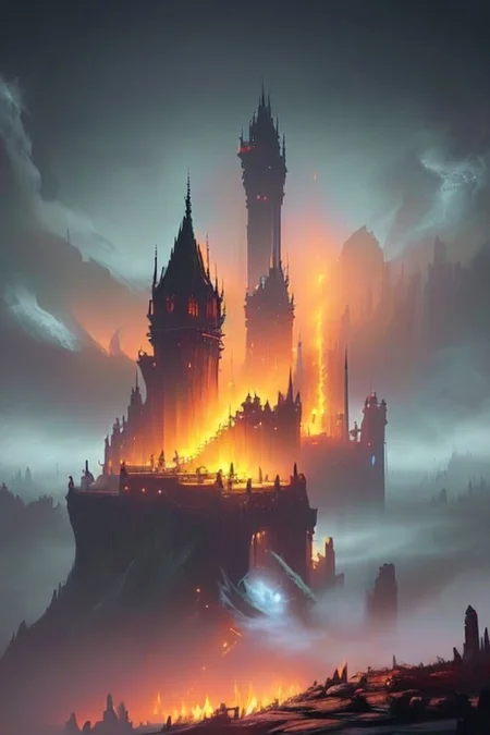 score_9, score_8_up, score_7_up, score_6_up, score_5_up, score_4_up,
1gothic fantasy city up on a mountain with belfries and towers, at Dusk, a vast prairie in the foreground, (on the left in the foreground there is a solitary bonefire), fog,
elden ring style, scenery, gloomy, Darkness, 1dk