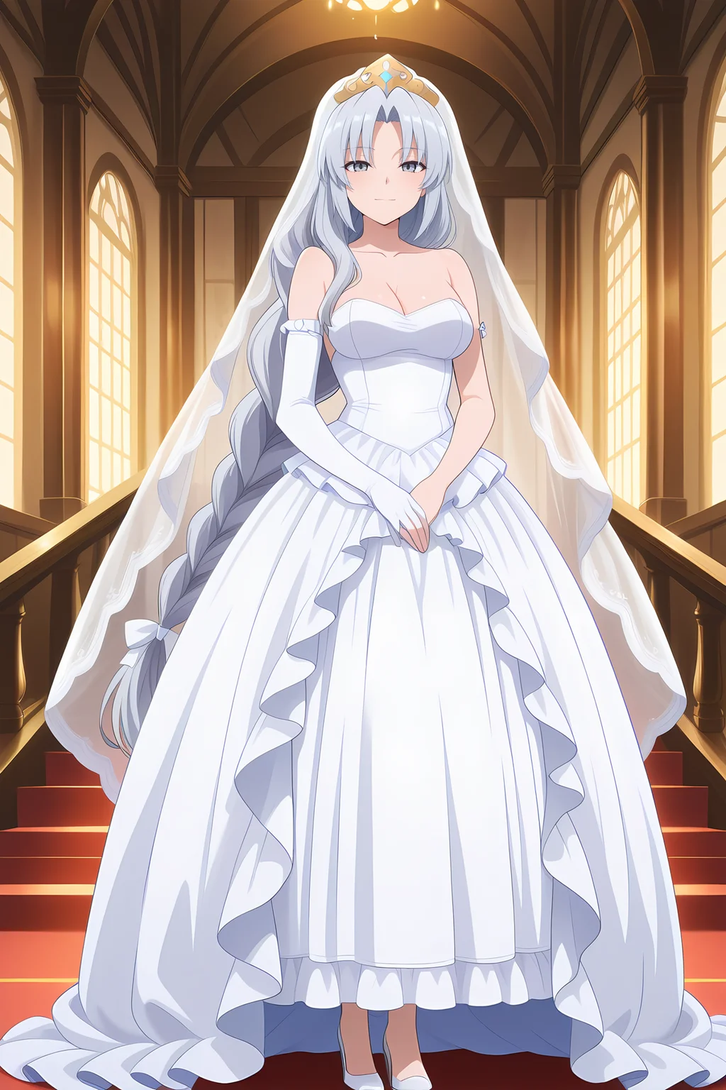 absurdres, highres, masterpiece, best quality, amazing quality, official anime artwork, screencap, anime screencap, indoors, looking at viewer, light smile,
<lora:Eirin-Yagokoro_Illustrious:1> yagokoro eirin, 1girl, solo, grey eyes, grey hair, very long hair, braided ponytail, medium breasts,, yagokoro eirin \(white sage of wisdom\), alternate costume, bride, frilled dress, collarbone, veil, tiara, wedding dress, white dress, long dress, long sleeves, frilled sleeves, elbow gloves,high heels, single glove, white footwear, white gloves
