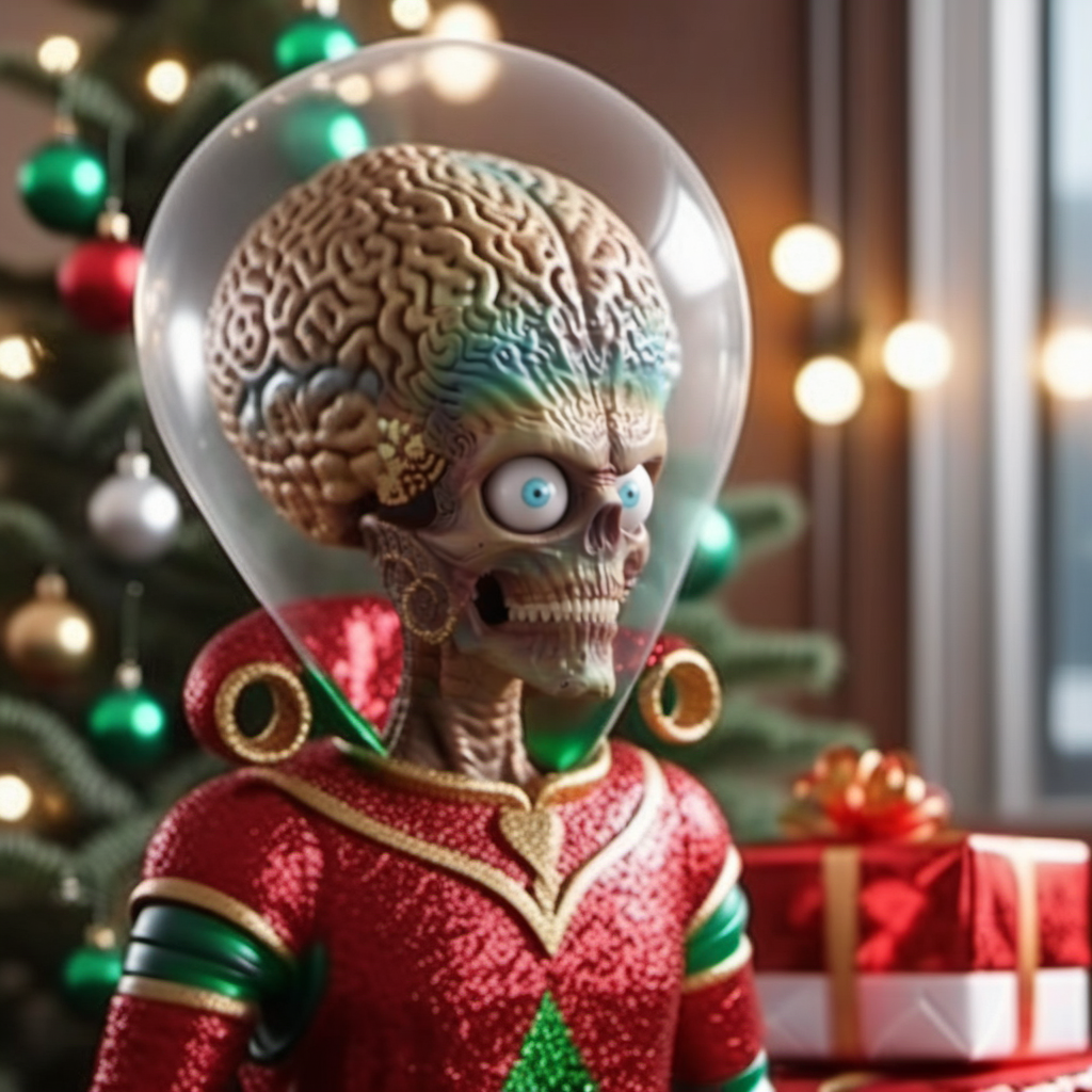MarsAttack1024, an alien, full body, glass helmet, christmas scenery, garlands, gifts, christmas tree, features intricate detail, detailed eyes, highly detailed, photography, ultra sharp, film, bokeh, professional, 4k    <lora:MarsAttack1024:0.7> <lora:add-detail-xl:2>