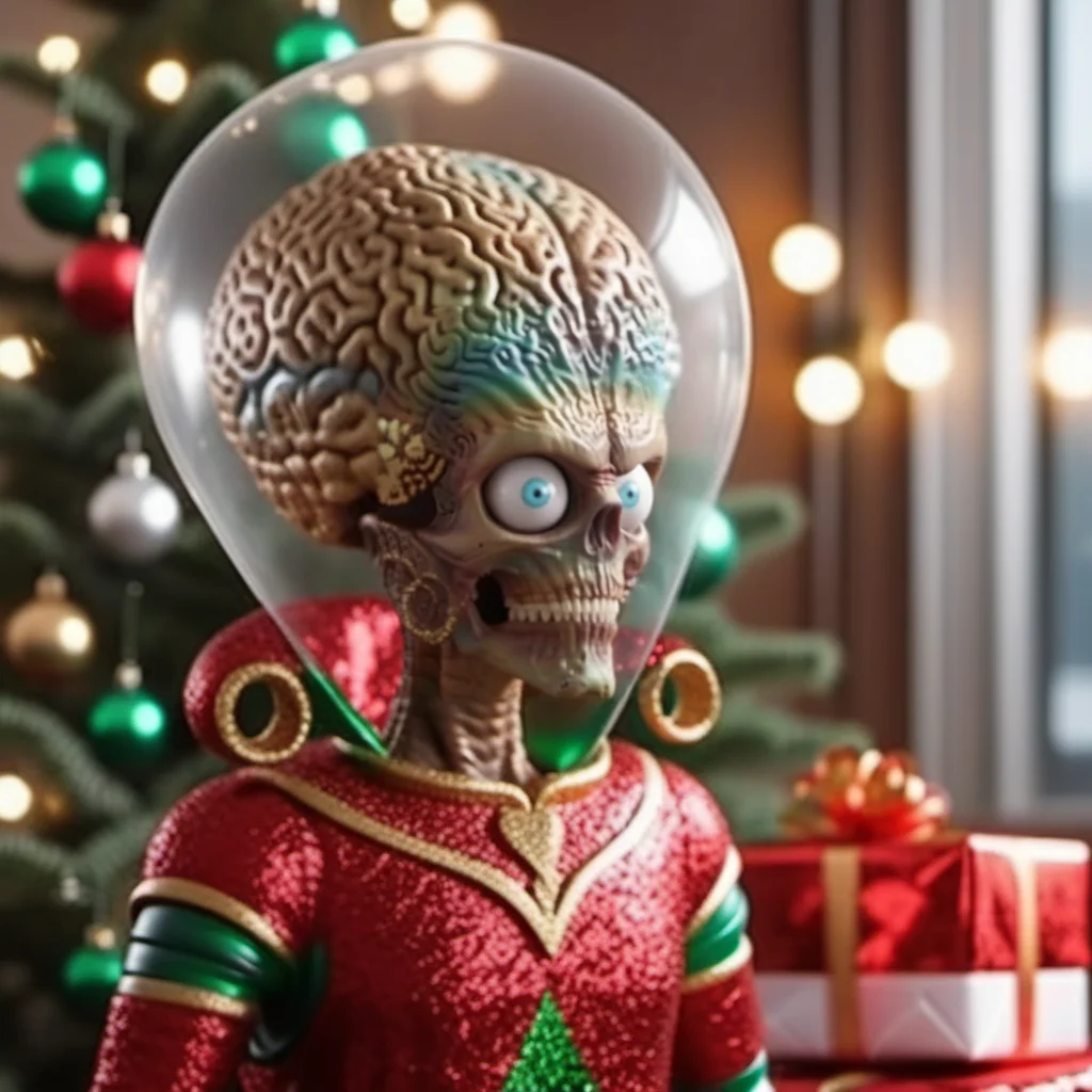 MarsAttack1024, an alien, full body, glass helmet, christmas scenery, garlands, gifts, christmas tree, features intricate detail, detailed eyes, highly detailed, photography, ultra sharp, film, bokeh, professional, 4k <lora:MarsAttack1024:0.7> <lora:add-detail-xl:2>
