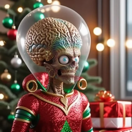MarsAttack1024, an alien, full body, glass helmet, christmas scenery, garlands, gifts, christmas tree, features intricate detail, detailed eyes, highly detailed, photography, ultra sharp, film, bokeh, professional, 4k    <lora:MarsAttack1024:0.7> <lora:add-detail-xl:2>