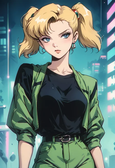score_9, score_8_up, score_7_up, score_6_up, score_5_up, score_4_up, source_manga, rating_questionable, 1girl, penny \(inspector gadget\), human, cyberpunk, punk, breasts, undercut, blonde hair, pigtails, blue eyes,
shirt, stripe, green pants, cowboy shot, night, neon, vaporwave, retro artstyle, tv still, halftone effect, knva,1990s \(style\), Vintage,
