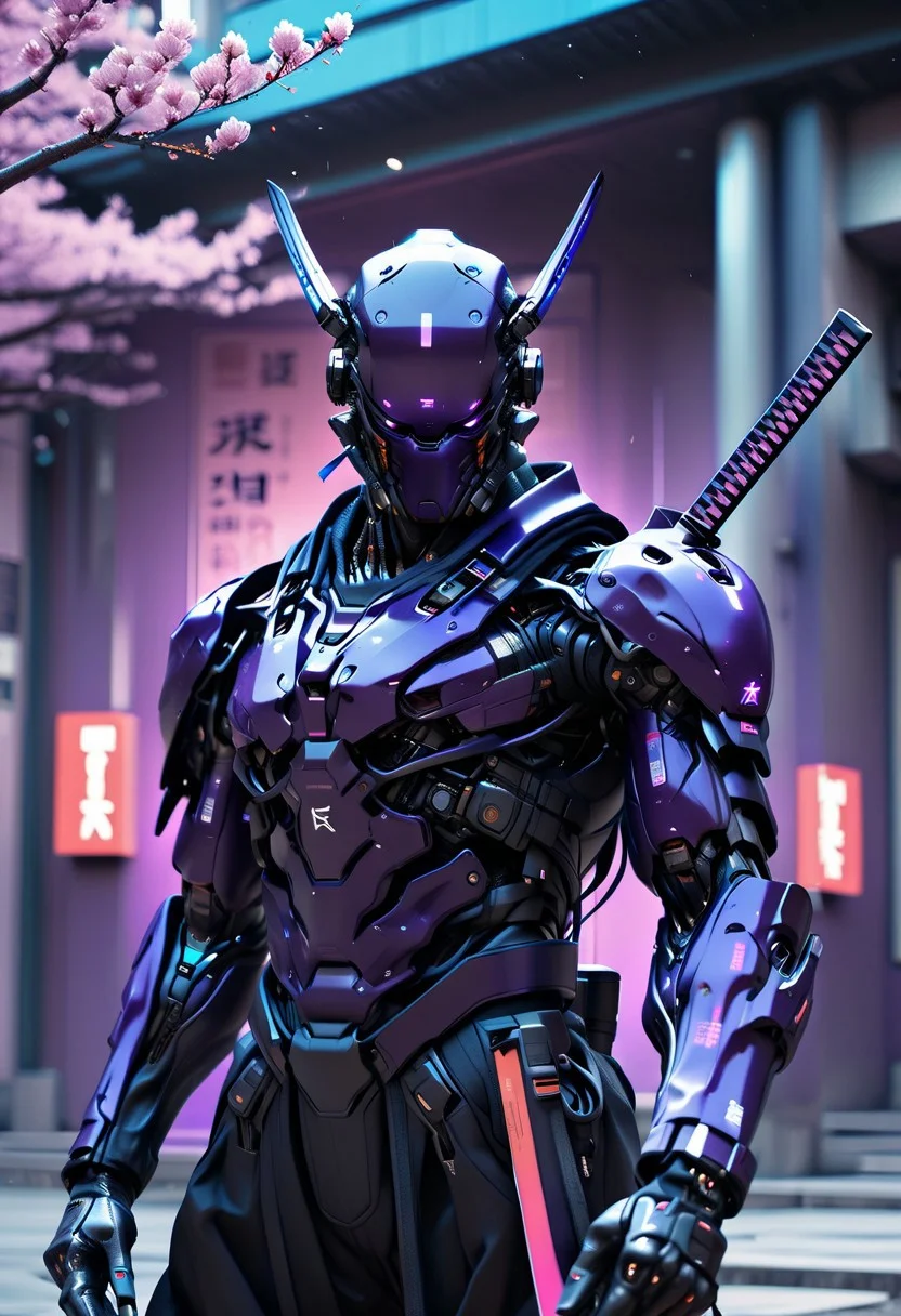 ((masterpiece)), cyborg warrior, wielding dual katanas with blazing neon blue blades, exoskeleton cyber helmet, black and purple, namech, cherry blossom tree in the background, ((cherry blossoms falling)), meditative pose, japanese architecture buildings in background, curled horns