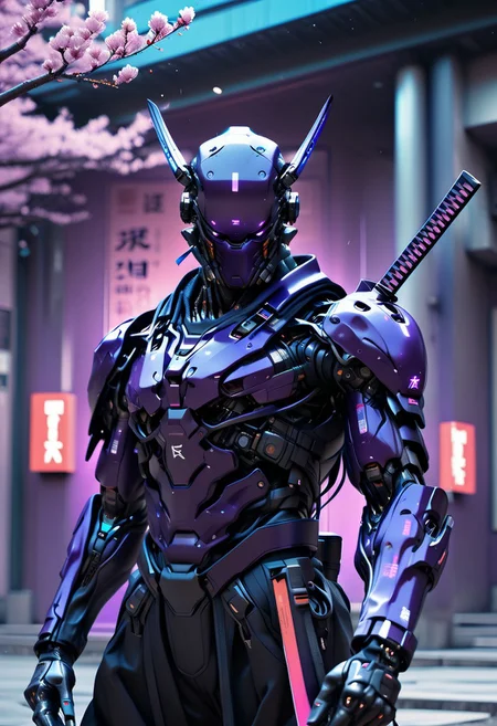 ((masterpiece)), cyborg warrior, wielding dual katanas with blazing neon blue blades, exoskeleton cyber helmet, black and purple, namech, cherry blossom tree in the background, ((cherry blossoms falling)), meditative pose, japanese architecture buildings in background, curled horns