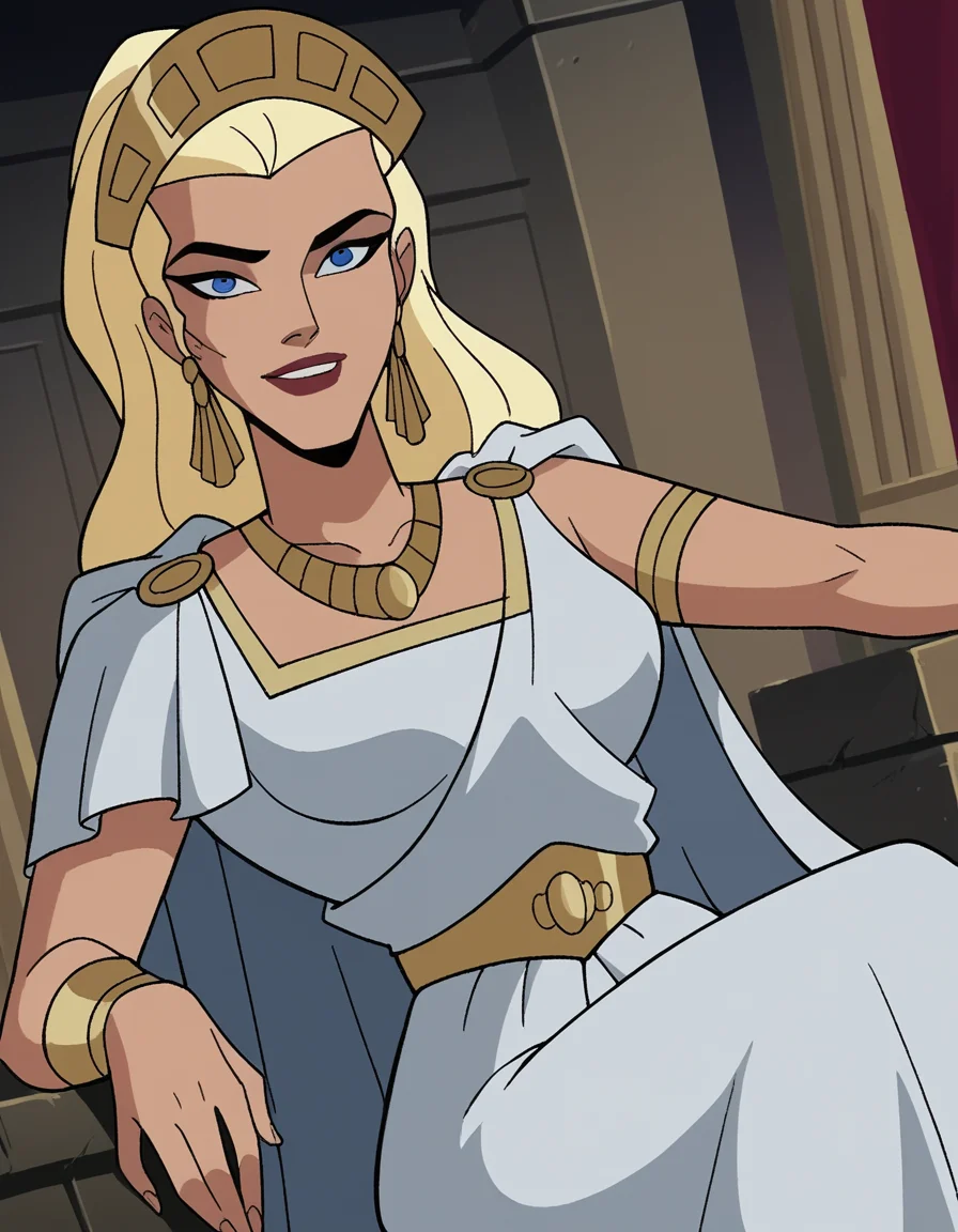 score_9, score_8_up, score_7_up, source_anime,
hippolyta, <lora:hippolyta-dcau-ponyxl-lora-nochekaiser:1>,
hippolyta, long hair, blue eyes, blonde hair, makeup, lipstick,
dress, jewelry, earrings, cape, white dress, necklace, crown, tiara,
indoors, throne, sitting, smile,
cowboy shot, looking at viewer, solo, dutch angle,