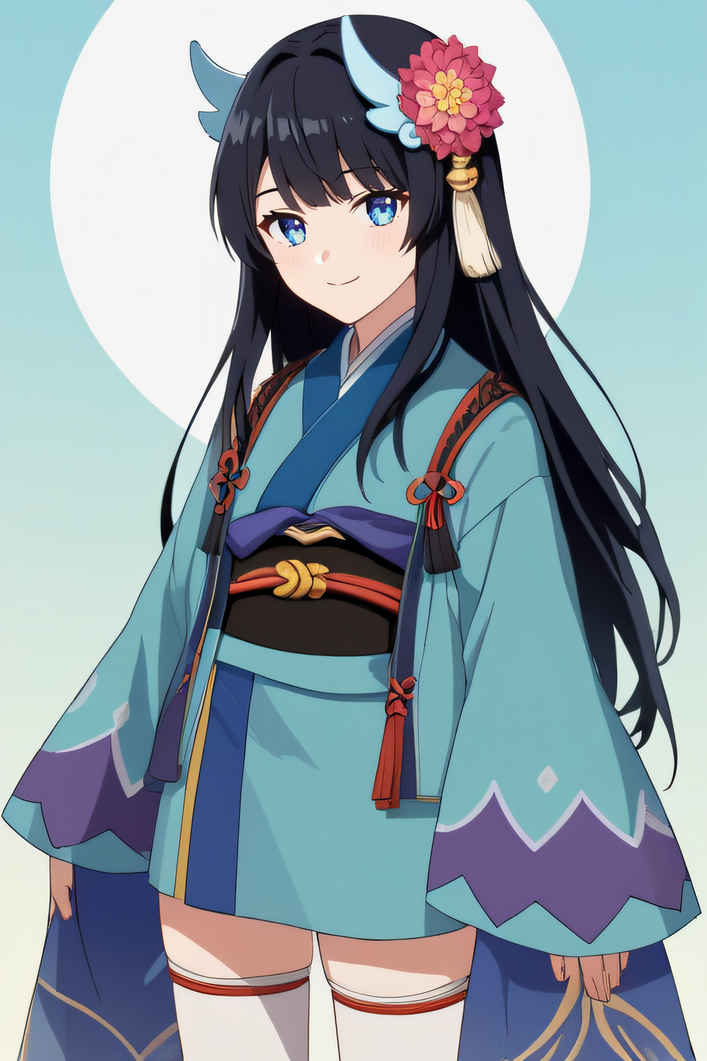score_9, score_8_up, score_7_up, source_anime, rating_safe, intricate details, anime screencap, official style, 1girl,  <lora:Yue:1>, yue, black hair, blue eyes, long hair, hair ornament, flower ornament, light blue kimono, black sash, wide sleeves, long sleeves, white thighhighs, cowboy shot, outdoor, looking at viewer, smile
