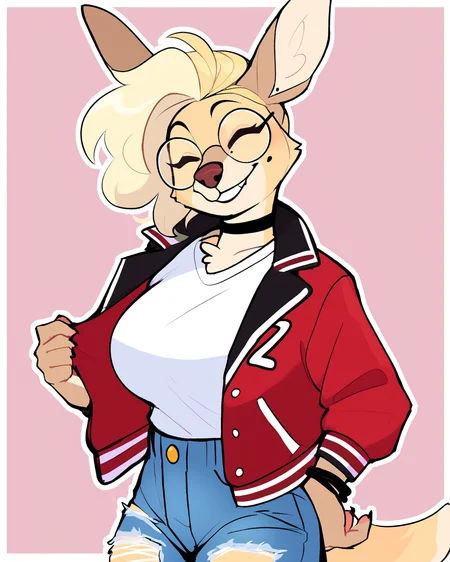 score_9_up, score_8_up, score_7_up, score_6_up, by remanedur, half-length portrait, blonde hair, large breasts, jackalope, round glasses, eyes closed, furry female, mole \(marking\), female, furry, letterman jacket, open jacket, shirt, choker, ripped jeans, bracelet, solo, smile, happy, three-quarter view, head tilt, tail, simple background, white outline, <lora:Leah_Pines(AIM)_XL_v1:0.15> <lora:PDXL_artist_tags_v2_big:0.5> <lora:The-Minuscule-Task_PDXL_v1.0:0.6> <lora:Chib_Chibbutts:0.55>