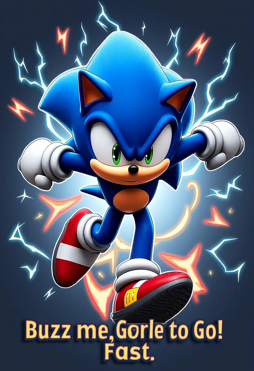 Sonic the Hedgehog dashes with lightning speed with sparks and text: "Buzz me, Gotta Go Fast!"