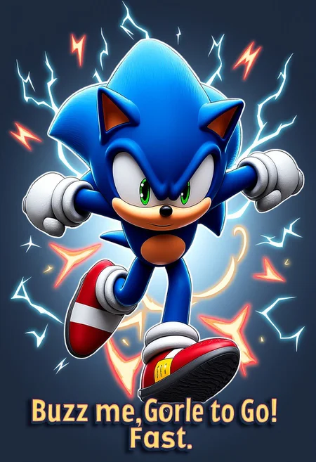 Sonic the Hedgehog dashes with lightning speed with sparks and text: "Buzz me, Gotta Go Fast!"