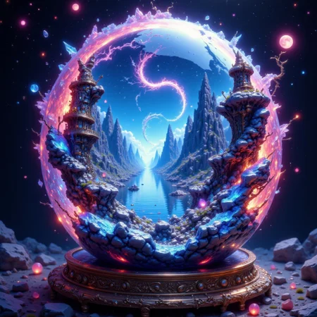 bo-exposure, pinketherealmj, a crystal ball showing A beautiful magical ocean inside, with a fleet of fantasy style  mini viking ships. The crystal ball is floating inside a colorful cosmic storm on space, magical glow, internal glow, magic, fantasy, glowing, colorful,